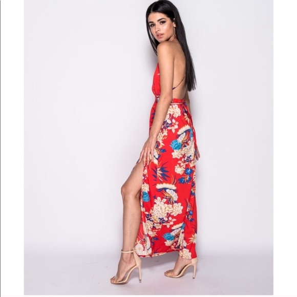 Red Floral Strappy Open Back Thigh Slit Maxi Dress - Picture 2 of 7